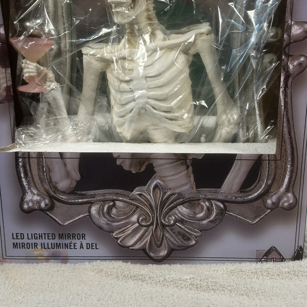 Martha Stewart Halloween Decor Skeleton Holding Pink‎ Martini Glass LED Mirror